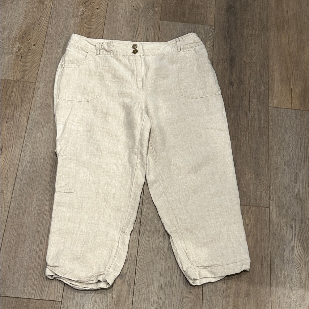 Chico's Woman’s Beige Neutral Linen Coastal Beachy Capris Bottom Size 2.5/14